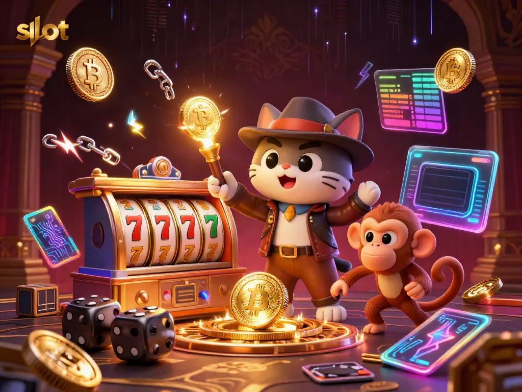 Spin the slot reels with a cat explorer finding amazing jackpots in a vibrant casino.