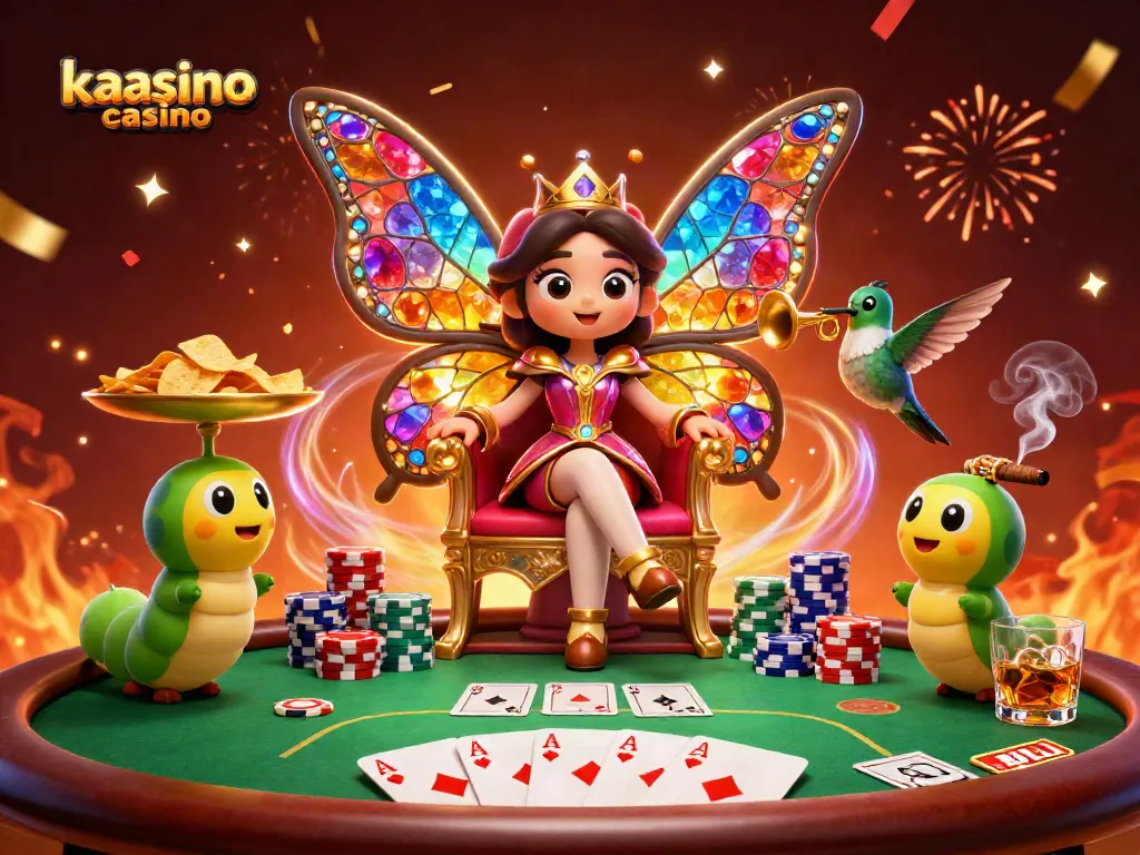 Experience the excitement of kaasino casino with a vibrant 3D scene featuring a butterfly queen and poker elements.
