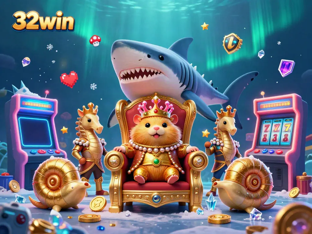 Experience thrilling gameplay at 32win with a golden hamster king and vibrant casino elements.