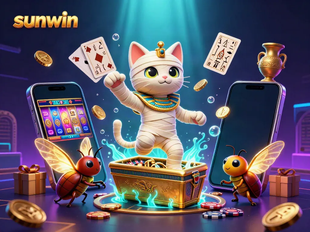 Experience the excitement of sunwin with a dynamic scene featuring 3D characters and vibrant casino elements.