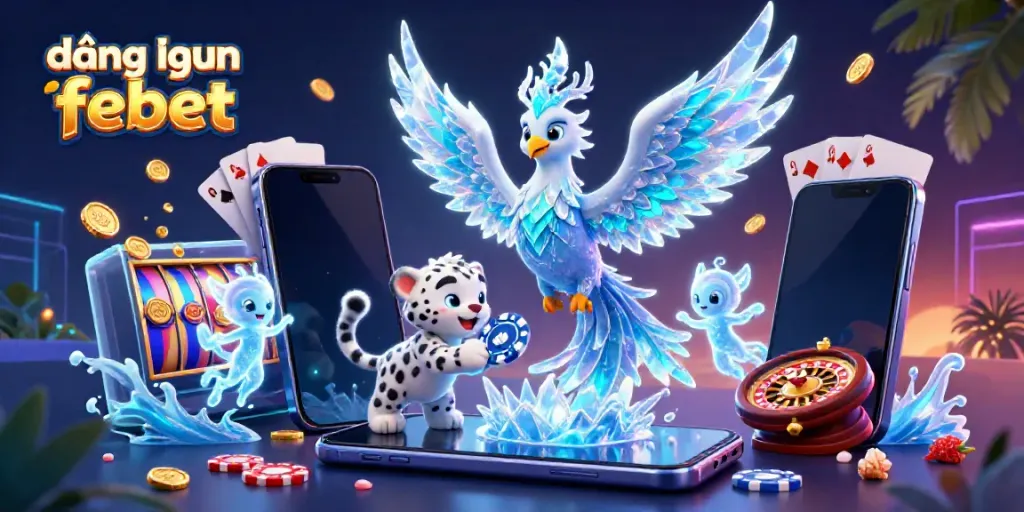 Join in the excitement with our vibrant illustration showcasing đăng nhập febet, featuring a playful snow leopard cub and an ice phoenix amidst casino elements.