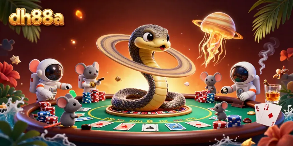 Experience the thrill of winning at dh88a with cosmic casino elements and animated characters engaged in gameplay.