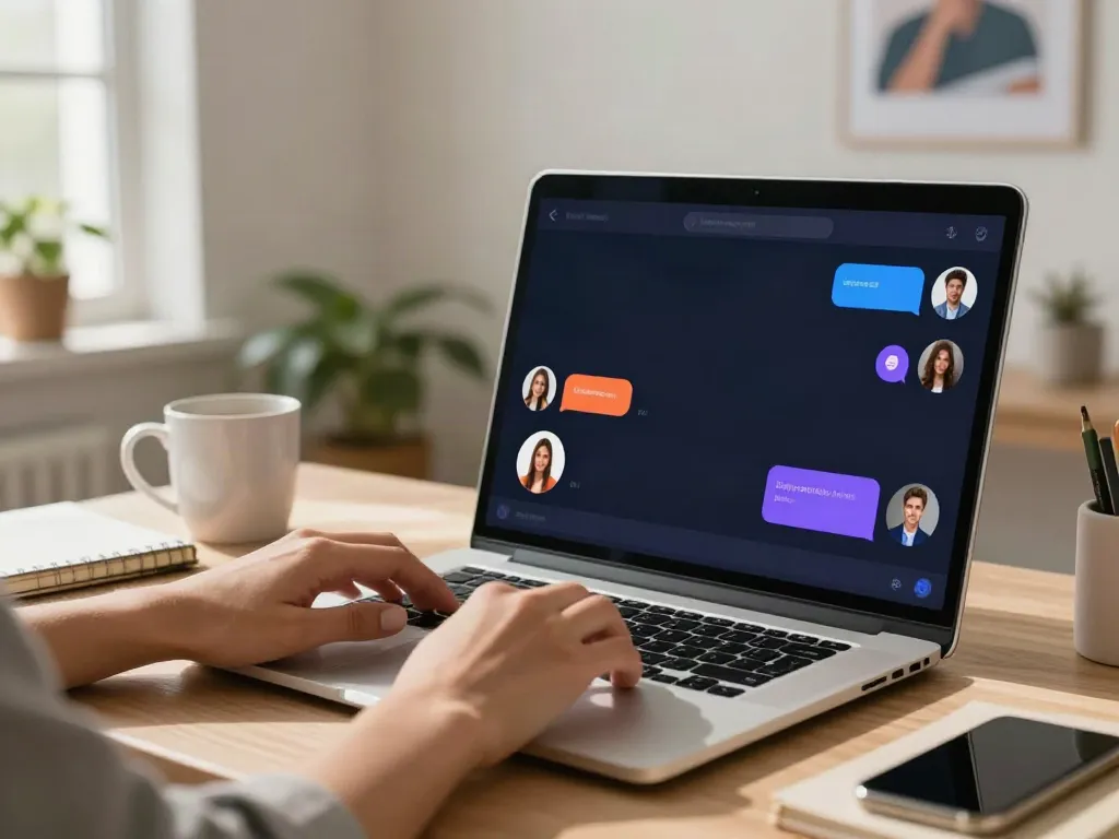 Engaging AI chat scene with juicy chat ai interface on a laptop, cozy workspace.