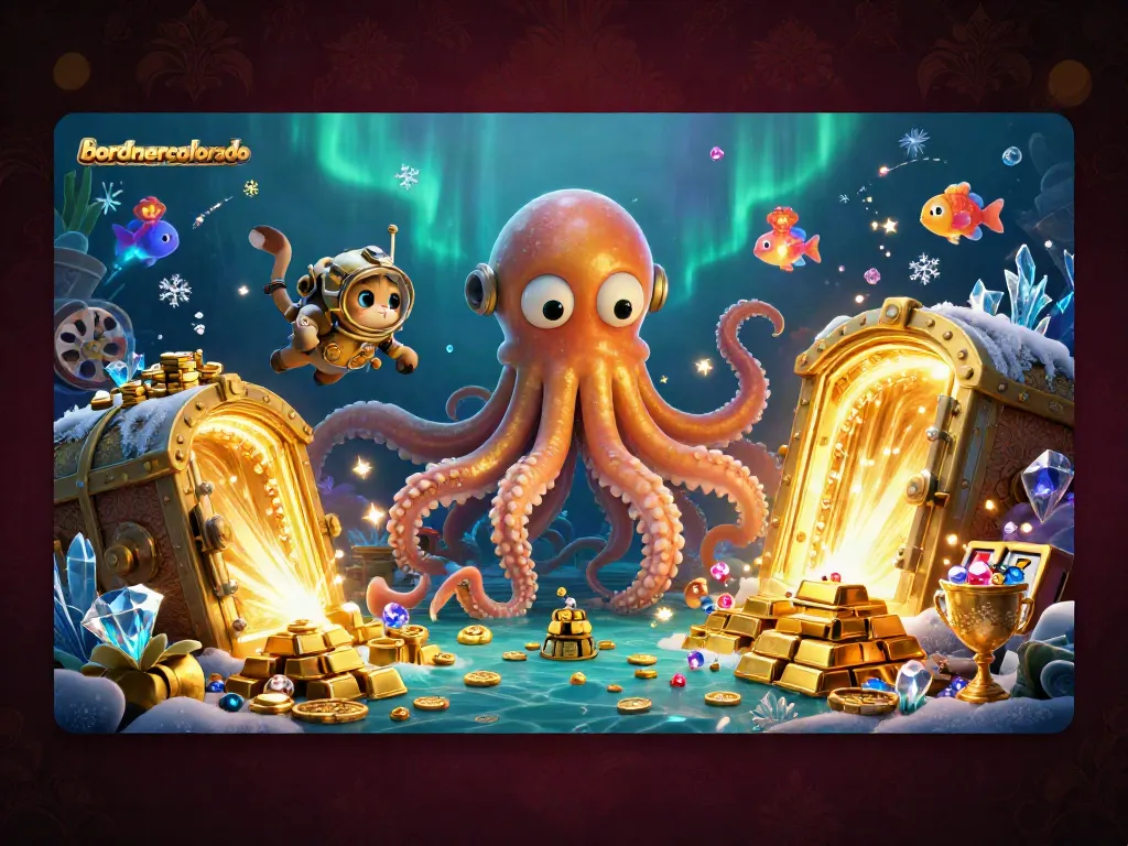 Bordnercolorado showcases a vibrant casino world with a kraken and diving cat amid treasures.