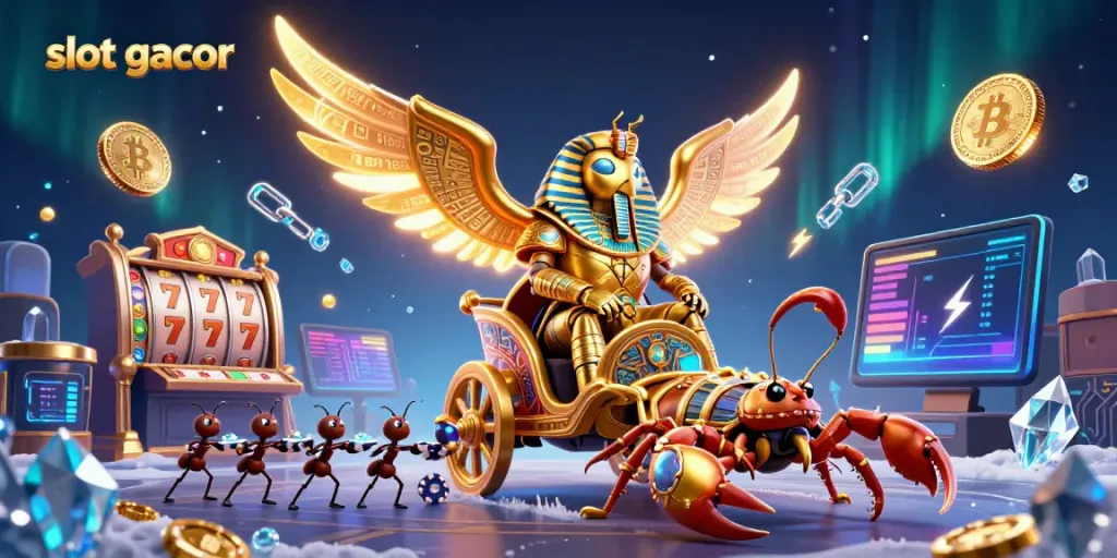 Experience thrilling gameplay with slot gacor, featuring a dynamic 3D illustration of rich casino visuals.
