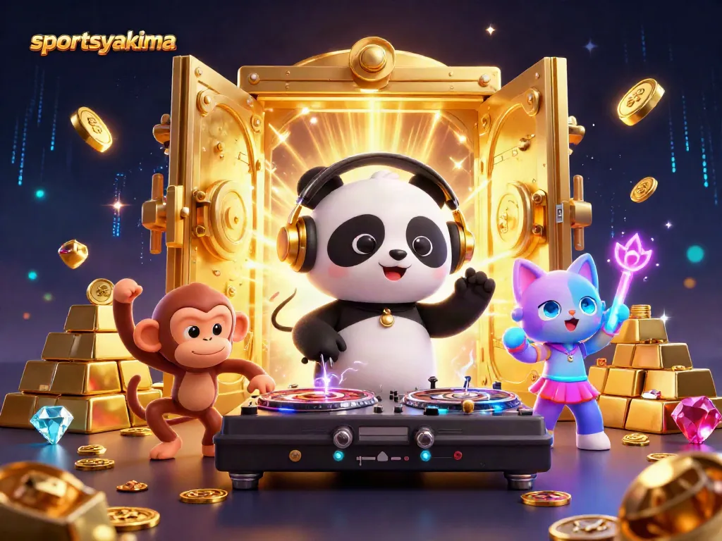 Experience thrilling moments with sportsyakima as a DJ panda spins roulette while colorful characters dance.