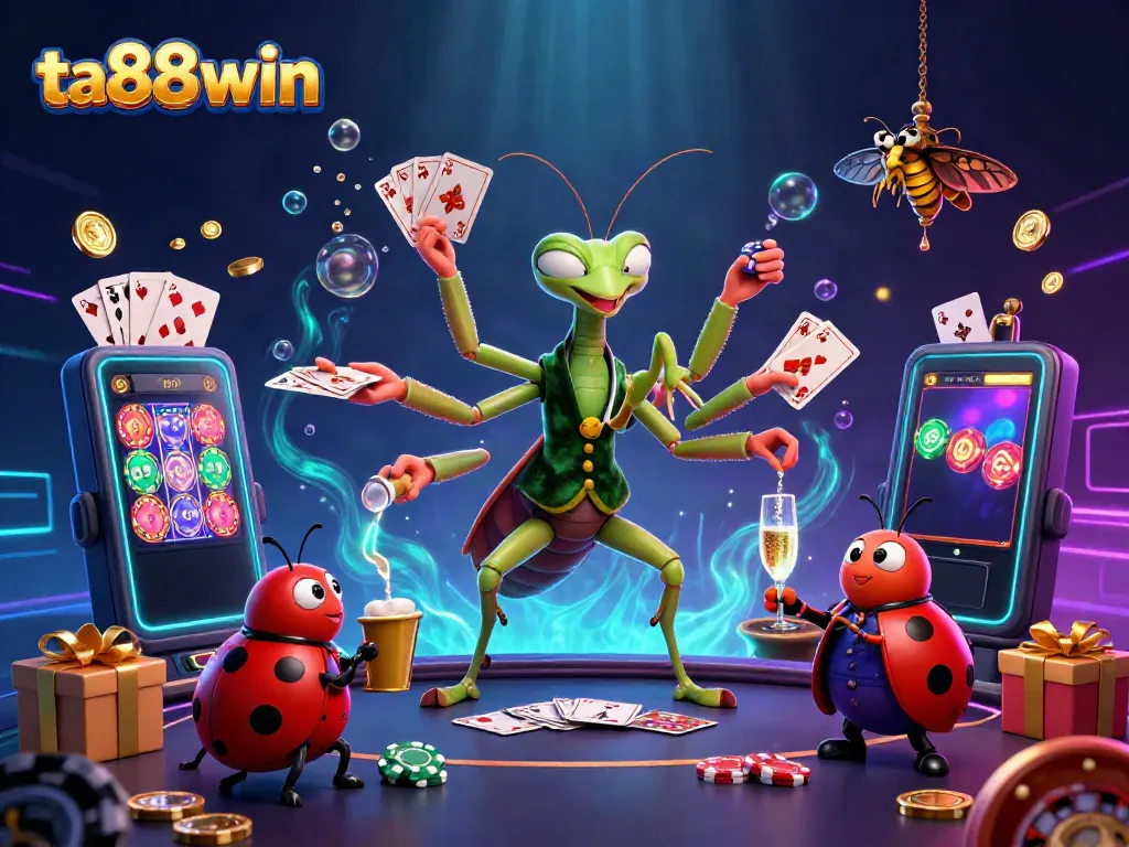 Experience the excitement of ta88win with this vibrant 3D casino illustration showcasing a unique card sharp and pit boss.