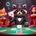 winnerisland poker scene with raccoon and friends enjoying a high-stakes game with vibrant casino elements