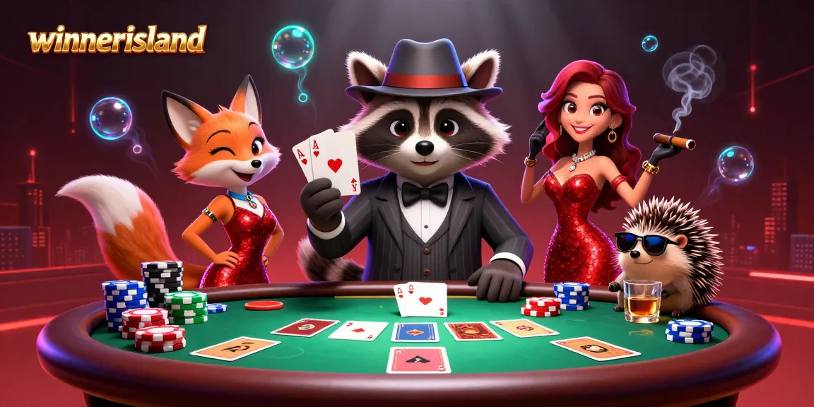 winnerisland poker scene with raccoon and friends enjoying a high-stakes game with vibrant casino elements