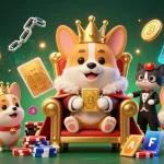 Experience thrilling gameplay at spinboss casino with a royal corgi and cat butler presenting golden cards.