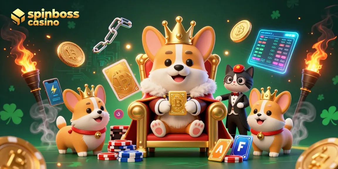 Experience thrilling gameplay at spinboss casino with a royal corgi and cat butler presenting golden cards.
