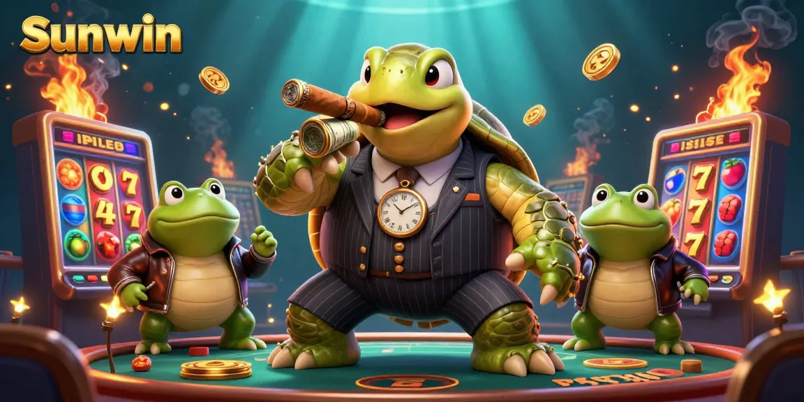 Win big at Sunwin with an exciting 3D illustration featuring a turtle mobster and vibrant slots.